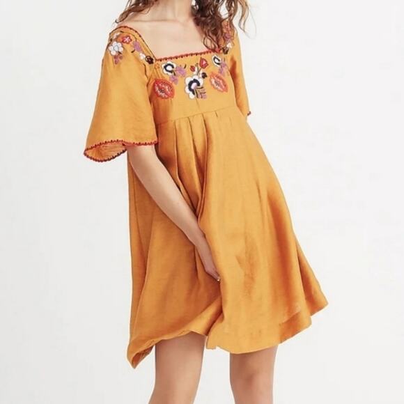 Madewell Embroidered Square Neck Dress M Gold Mexicana‎ Floral Babydoll Mini - Picture 1 of 9